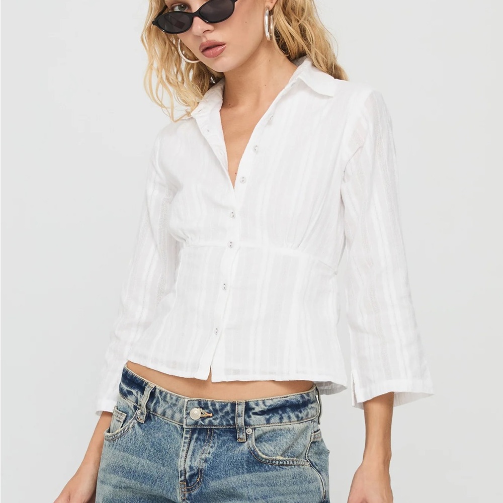 Taelynn 3/4 Sleeve Button Up Shirt White